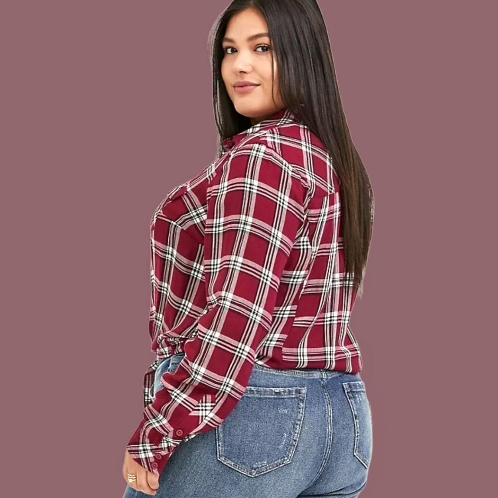  Torrid Plus Size New Burgundy Plaid Twill Tie Front Midi Shirt. - Picture 7 of 10